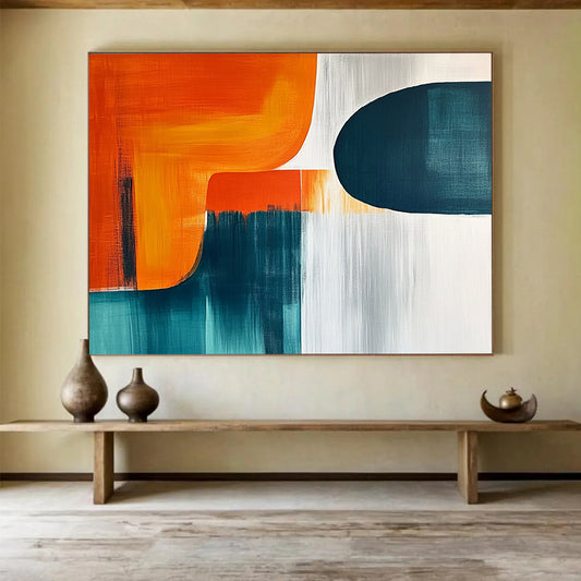 “Color - Blocked Abstract” - Orange, teal, white; Color - blocked abstract with soft transitions; Acrylic Painting On Canvas HB1270