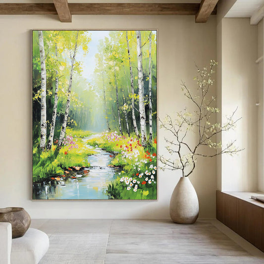 Vibrant contemporary hand-painted abstract artwork featuring birch trees and spring flowers illuminated by sunlight with a serene stream enhancing the natural beauty. DLZ1123