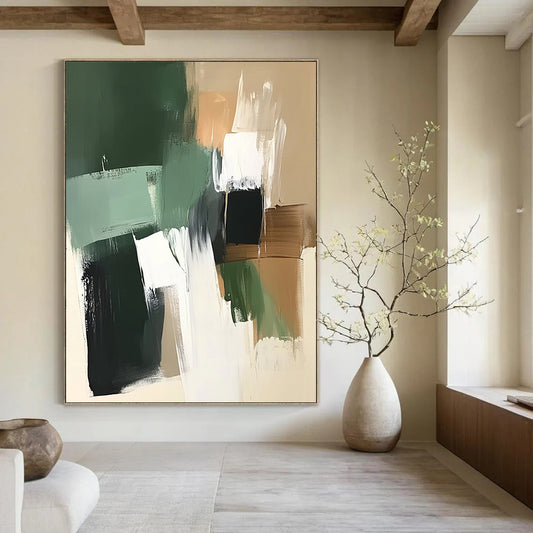 Contemporary hand-painted abstract artwork featuring green white and brown tones with thick brush strokes on a dark beige background with sage green shapes. DLZ1035