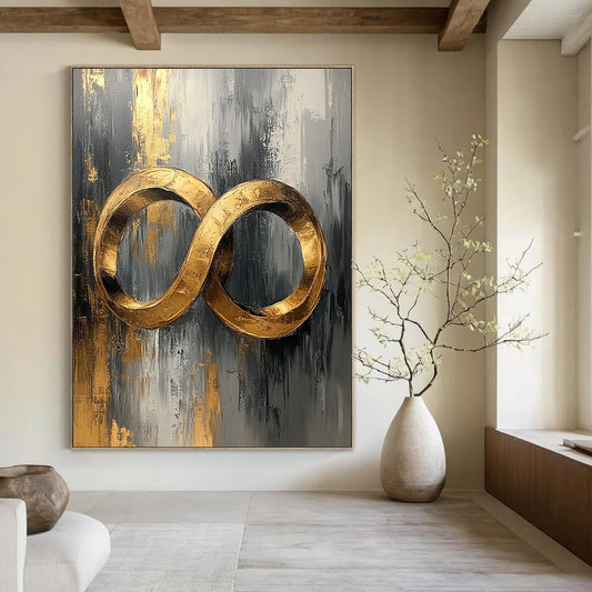 Contemporary abstract oil painting featuring golden rings in gray and white with gold leaf accents on canvas texture for a stunning UHD display. DLZ0482