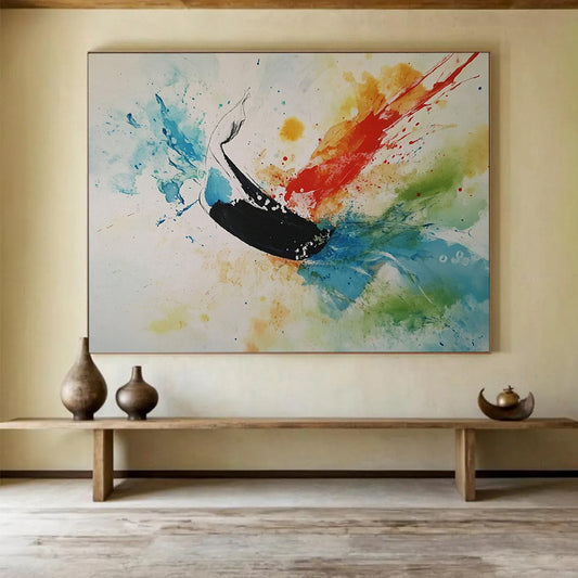 “Whale in Color Bursts” - Black Whale, Colorful Splashes, Abstract Marine Animal Painting On Canvas HB1099
