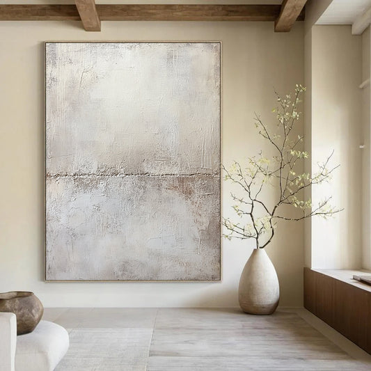 Large contemporary hand-painted abstract artwork featuring a textured white plaster wall with subtle gray tones and mysterious organic shapes in pale cream and beige. DLZ0583
