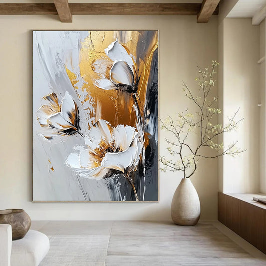 Contemporary abstract artwork featuring gold and white flowers on a grey background with expressive white brush strokes, emphasizing a textured palette knife technique. DLZ0386