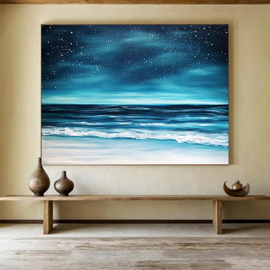 “Midnight Ocean Beach” - Deep Blues, Blacks, Whites, Beach Under a Star - Filled Sky - Impasto Oil Painting HB1743