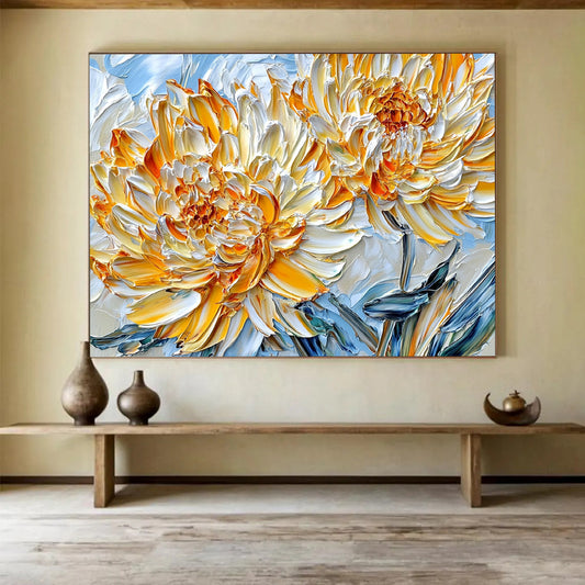 Yellow, White, Orange and Blue Textured Flower "Sunny Petals" Painting On Canvas HB0657