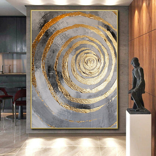 Black, Gray and Gold Concentric Circles with Drips "Dynamic Dripping Vortex" Painting On Canvas HB383