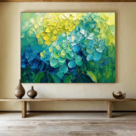 “Vibrant Hydrangeas Burst” - Yellow, Teal, Blue, Lush Flower Blooms Painting On Canvas HB1016