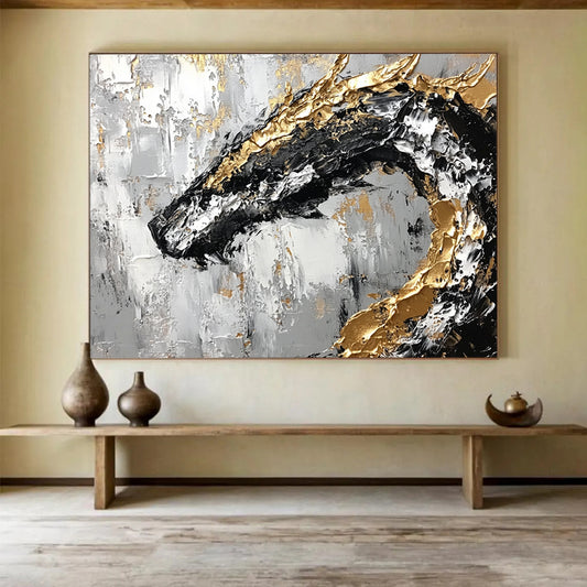 “Golden Dragon on Textured Gray” - Gray, Gold, Black, White, Abstract Textured Dragon Painting On Canvas HB1093