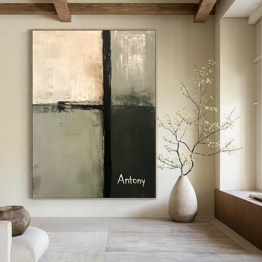 Contemporary abstract painting in neutral sage green and gray tones featuring a central tall vertical bar and the name Antony in the bottom corner. DLZ0434