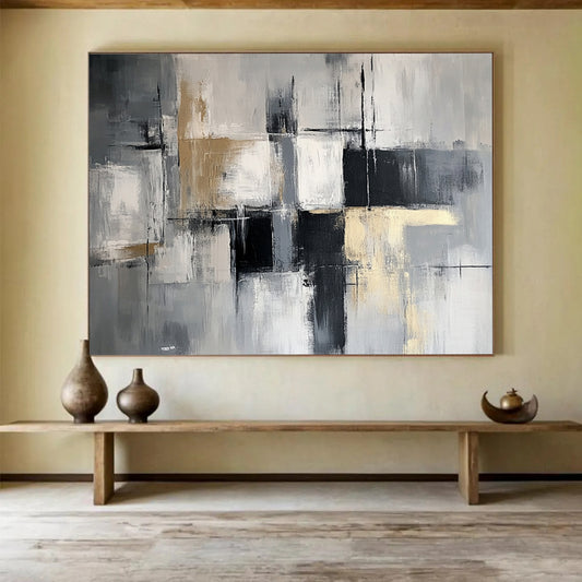 “Monochromatic Geometric Abstract” - Gray, white, beige, black; Geometric abstract in monochromatic tones; Acrylic Painting On Canvas HB1249