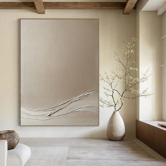 Large contemporary hand-painted abstract artwork in beige featuring a minimalistic white wavy line in the bottom right corner, perfect for modern decor. DLZ0914