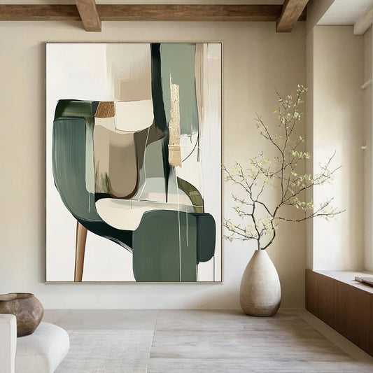 Contemporary hand-painted abstract artwork features muted sage green and neutral tones with gold foil accents and geometric shapes in a minimalistic Japandi style. DLZ0512
