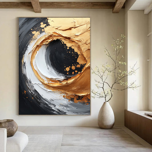 Contemporary abstract painting featuring gold and white brushstrokes on a black canvas with dynamic composition and textured accents in high resolution. DLZ0739