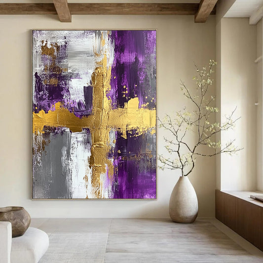 Contemporary painted abstract art features acrylic on textured canvas with gold foil accents in purple and grey, highlighted by a central cross shape. DLZ0276