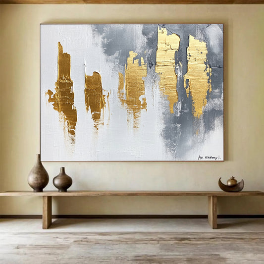 “Gray - Gold Strokes” - White, Gray, Gold with Bold Strokes - Abstract Acrylic Painting HB1339