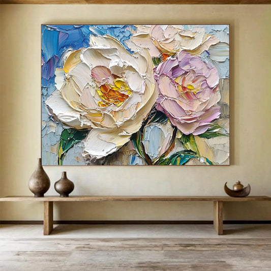 “Pastel Peony Pair” - Creamy Whites, Soft Pinks, Blues, Intricate Peony Blooms - Textured Oil Painting HB1717