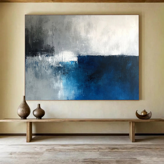 “Gray - Blue Abstract Horizon” - Gray, Blue, White, Horizon Line Painting On Canvas HB0839