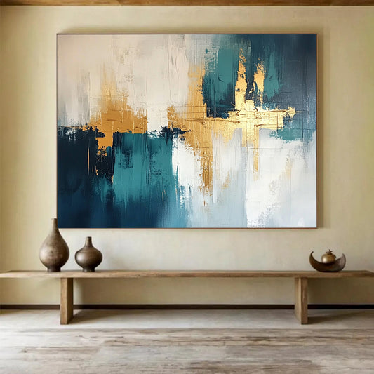 “Teal and Gold Geometric Abstract” - Teal, white, gray, gold; Geometric abstract with gold crosses; Acrylic Painting On Canvas HB1247