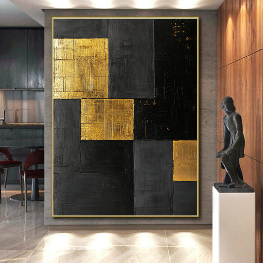 Black, Gold, Patchwork Squares "Gilded Night" Abstract Modernist Painting On Canvas HB155