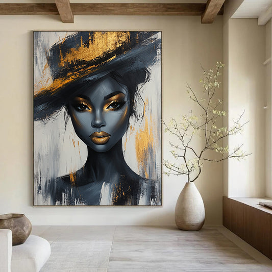 Contemporary abstract portrait of a Black woman with gold accents and elegant hat on white and grey background, crafted in acrylic on canvas. DLZ0784