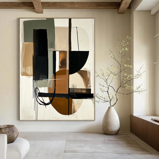 Contemporary hand-painted abstract art featuring beige black and brown colors with simple shapes and organic forms for a sophisticated interior design. DLZ1025
