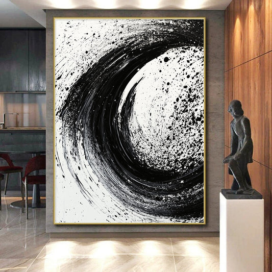 Black and White Swirling Splatter "Cosmic Tempest" Painting On Canvas HB281