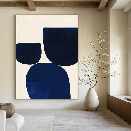Contemporary hand-painted abstract artwork featuring minimalist Japandi style with blue and white simple shapes for a serene ambiance. DLZ1618