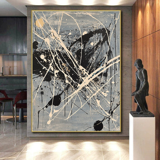 Gray, Black, White, Gold, Splattered Lines "Celestial Web" Abstract Pollock - Inspired Painting On Canvas HB052