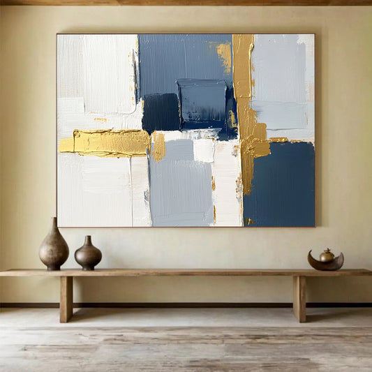 “Blue and Gold Geometric Abstract” - Blue, gray, white, gold; Geometric abstract with gold accents; Acrylic Painting On Canvas HB1252