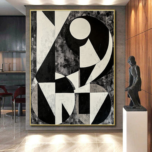 Black, White and Gray Geometric Abstraction "Monochrome Maze" Painting On Canvas HB392