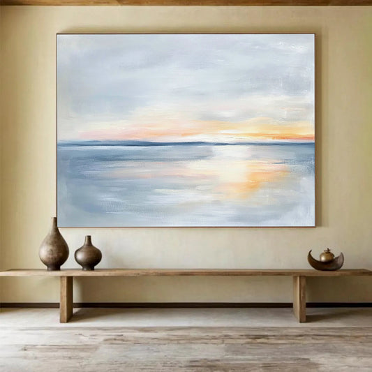 “Pastel Sea Sunset” - Soft Gray, Orange, Pink, Tranquil Seascape Painting On Canvas HB1005