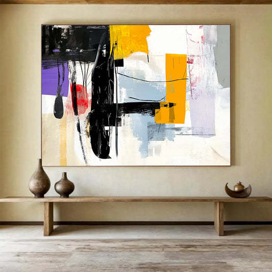 “Abstract Black, Yellow, and Colorful Shapes” - Black, Yellow, Colorful Palette, Abstract Shapes Painting On Canvas HB0863