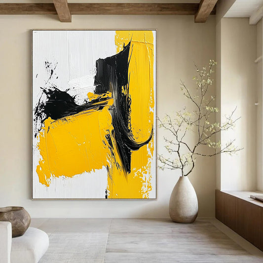 Contemporary abstract painting showcases bold yellow black and white strokes with thick paint on a textured canvas emphasizing minimalism and simple shapes. DLZ0837