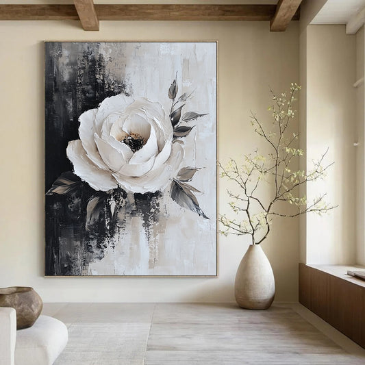 Contemporary abstract painting featuring white roses in a black and grey color palette with heavy brush strokes and vintage style floral art. DLZ0674
