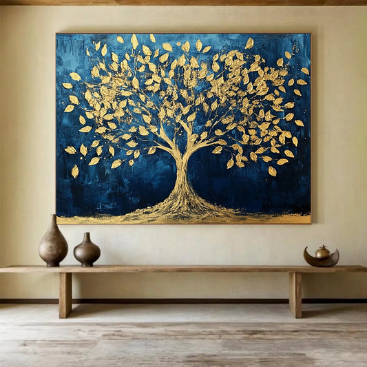 “Golden Tree of Life” - Blue, Gold, Tree Silhouette Painting On Canvas HB0734
