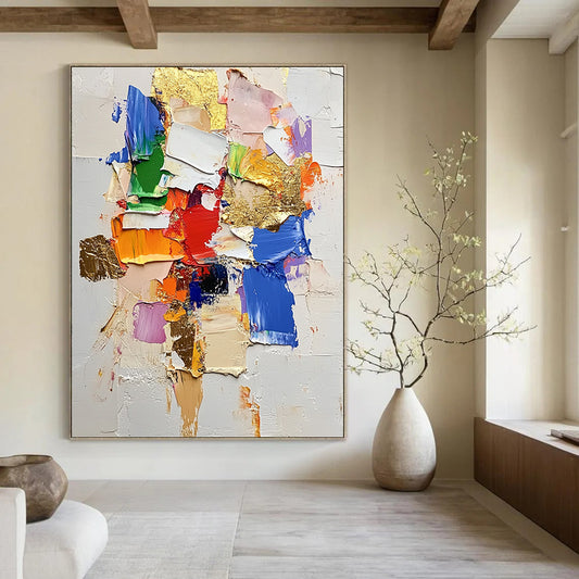 Contemporary hand-painted abstract art featuring textured thick paint vibrant color blocks and elegant gold foil accents on a white background. DLZ0682