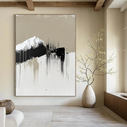 Contemporary hand-painted abstract art featuring a single brush stroke in neutral tones with black and white accents emphasizing minimalism. DLZ0971