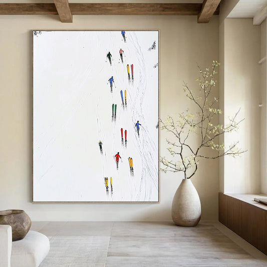 Contemporary abstract art featuring minimalist skiers, vibrant stacked skis, pure white background, and simple lines for a striking visual impact. DLZ1255