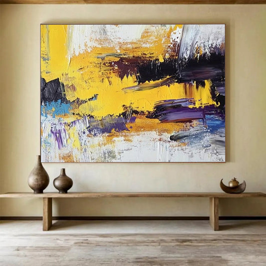 Yellow, Purple, Blue and White Abstract Splashes "Vibrant Energy" Painting On Canvas HB0406