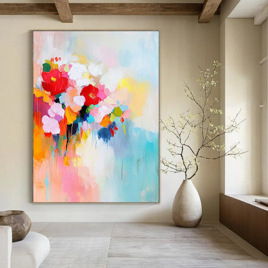 Contemporary abstract painting featuring vibrant colors large brush strokes and serene elements conveying a sense of harmony and joy with a central space for text. DLZ0733