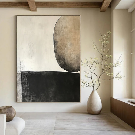 Contemporary hand-painted abstract art featuring a dark gray oval and dual brown circle on light beige background, inspired by minimalist design and Robert Motherwell. DLZ0958