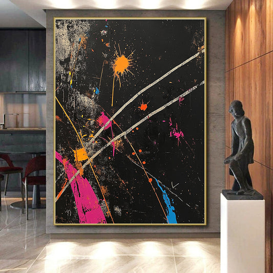 Black, Colorful Splashes, White Lines "Vibrant Chaos" Abstract Painting On Canvas HB021