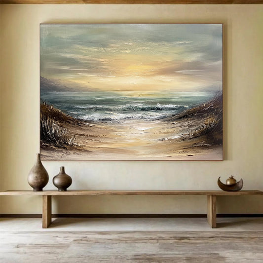 “Muted Beach Path” - Beige, Green, Blue, Sandy Path to the Sea - Textured Oil Painting HB1703