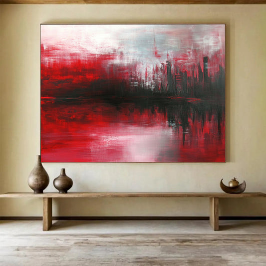 “Red Cityscape Reflection” - Red, Gray, Black - Abstract City Reflection - Oil Painting HB1298