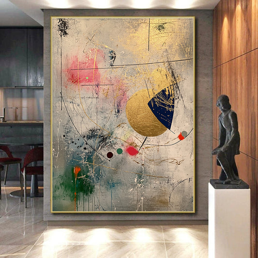 Gray, Gold, Pink, Blue, Abstract Shapes "Whimsical Fusion" Abstract Painting On Canvas HB032