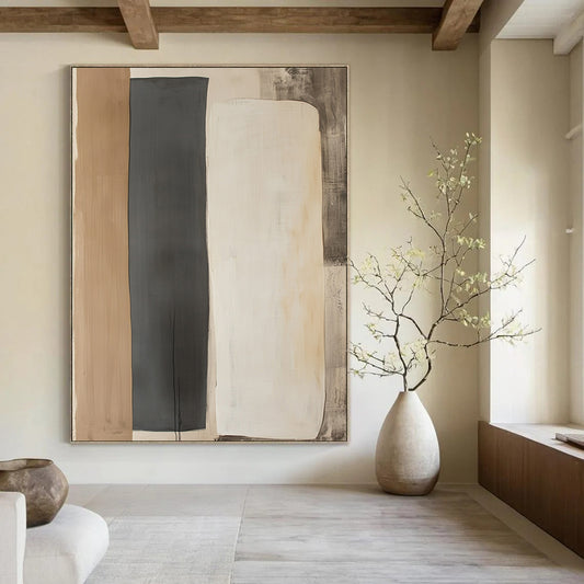 Contemporary hand-painted abstract art featuring two minimalist shapes in light gray and dark beige on a wall-mounted paper display. DLZ1326