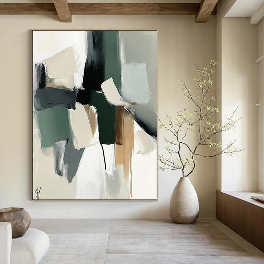Large contemporary hand-painted abstract artwork with soft shapes and colors in sage green and white, complemented by dark gray for a gentle atmosphere. DLZ0770