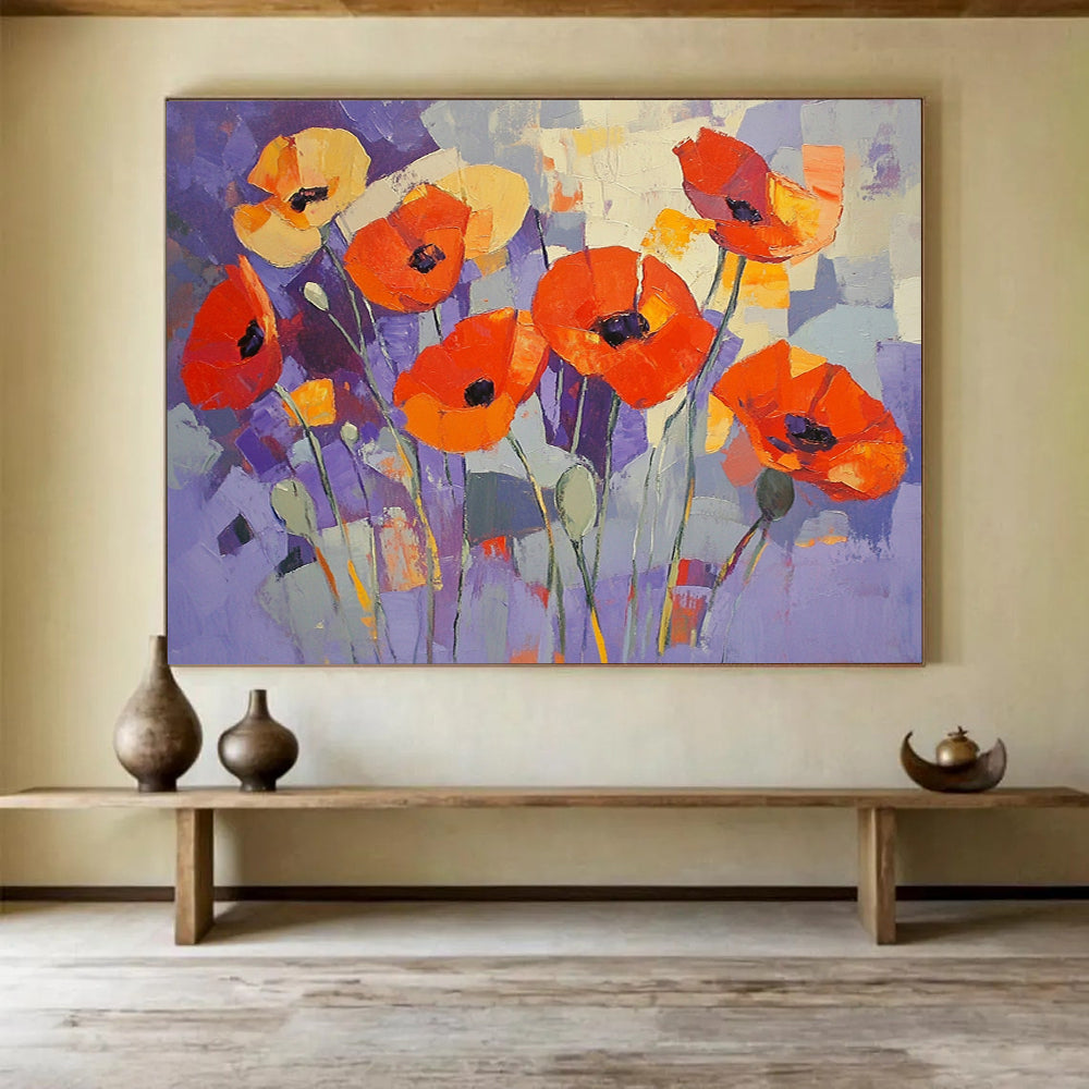 “Purple Poppy Patch” - Purple, Orange, Abstract Flowers - Cubist Oil Painting HB1488