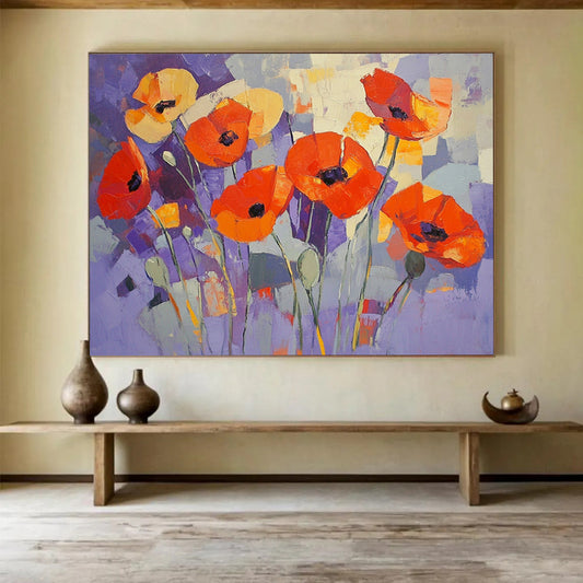 “Purple Poppy Patch” - Purple, Orange, Abstract Flowers - Cubist Oil Painting HB1488