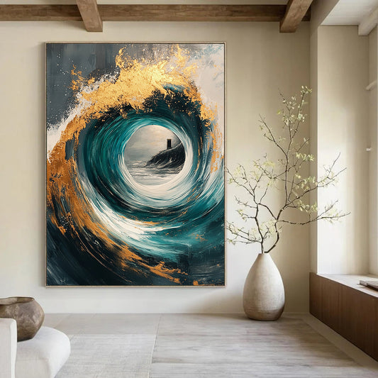 Contemporary abstract painting with gold and teal swirls, magical windows, on a textured gray canvas, perfect for modern decor. DLZ0370